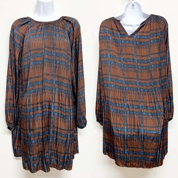 Grade & Gather Womens Cocoa Brown Navy Pleated Plaid Print Tunic Dress Size S - Picture 2 of 8